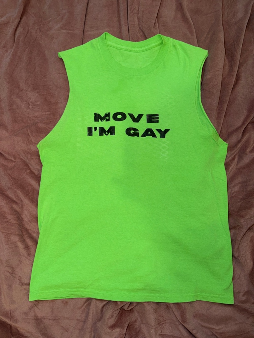 Men's Neon Green Sleeveless Graphic Tee - "Move I'm Gay"